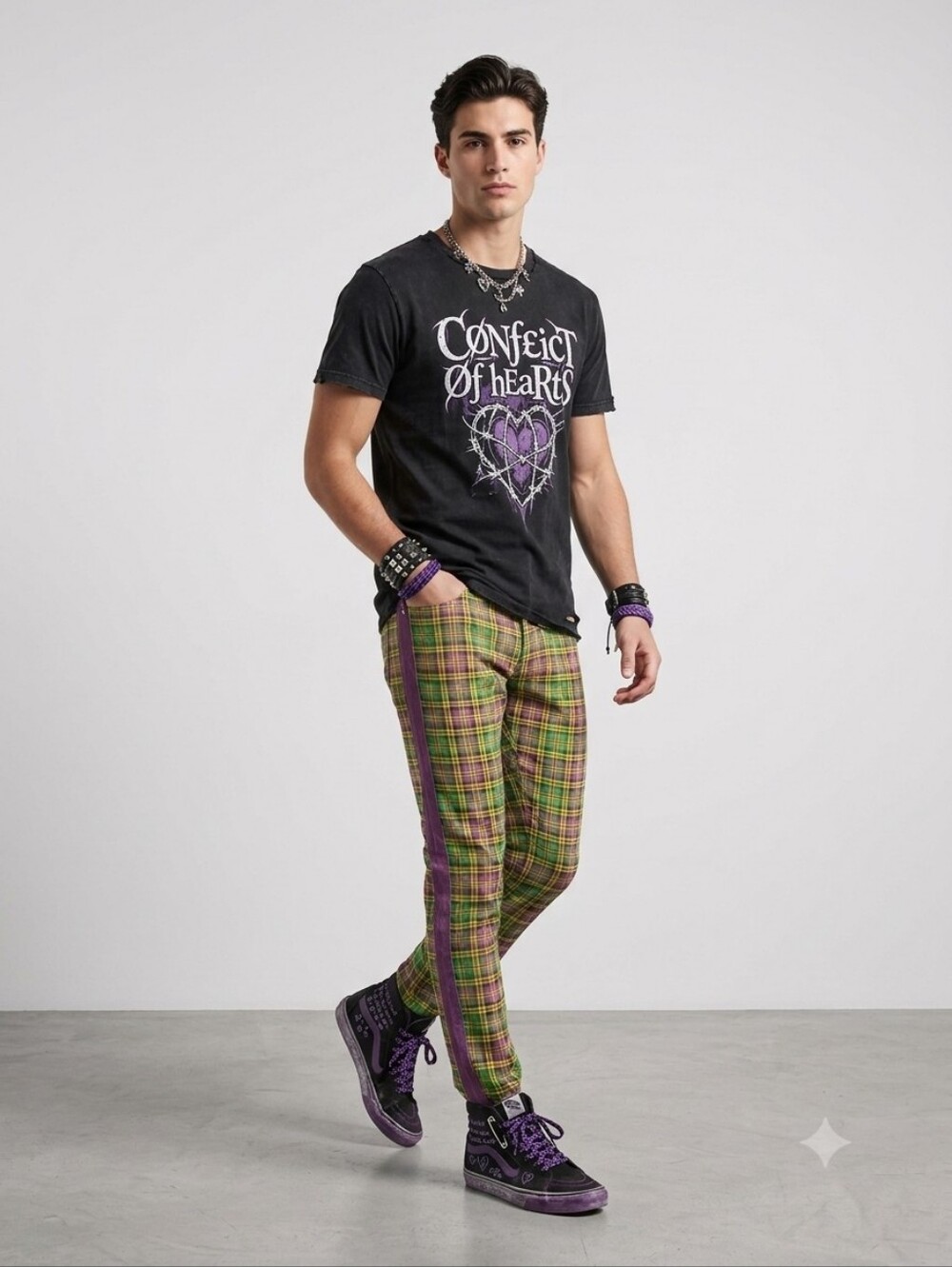 Decibel Unisex Plaid Racer Stripe Emo Skinny Jeans Size 30×32 Green Purple... - Picture 2 of 16